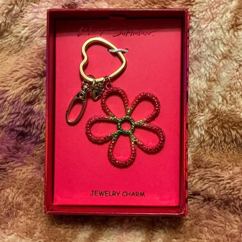 Betsey Johnson Pink and Green Glitter Flower Keychain Charm